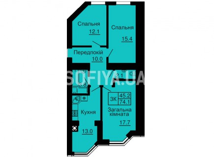 Трехкомнатная квартира 74,1 м/кв - ЖК София