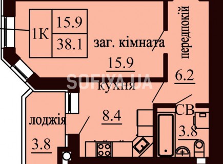 Однокомнатная квартира 38.1 м/кв - ЖК София