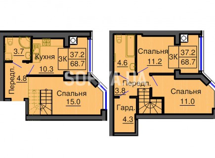 Двухуровневая квартира 68,7 м/кв - ЖК София