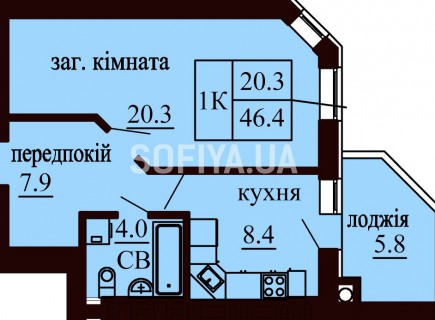 Однокомнатная квартира 46.4 м/кв - ЖК София