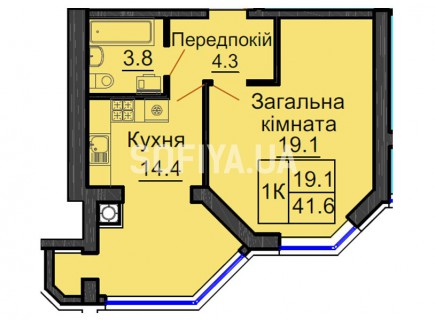 Однокомнатная квартира 41,6 м/кв - ЖК София