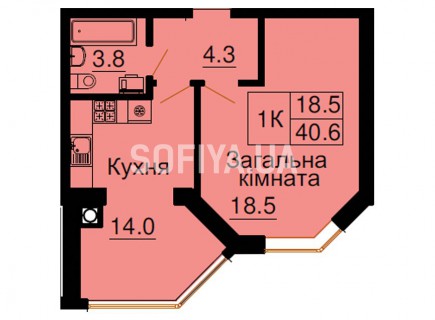 Однокомнатная квартира 40,6 м/кв - ЖК София