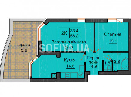 Двухкомнатная квартира 58,2 кв.м - ЖК София