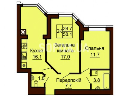 2-х комнатная квартира 58.1 м/кв - ЖК София