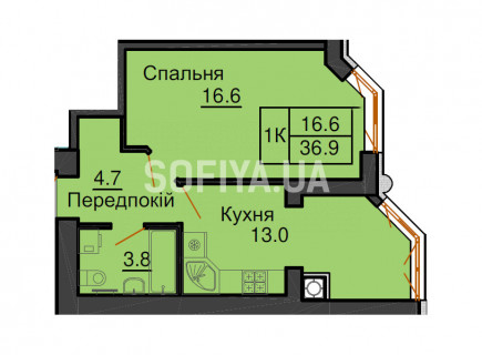 Однокімнатна квартира 36,9 м/кв - ЖК София