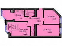 Трикімнатна квартира 74,1 кв.м - ЖК София