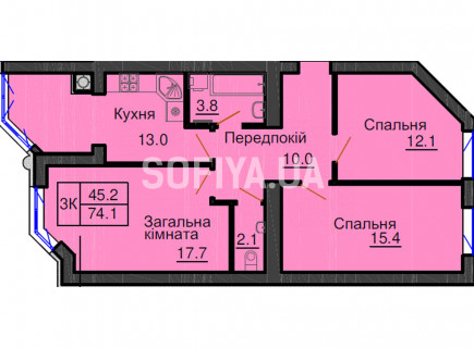 Трикімнатна квартира 74,1 кв.м - ЖК София