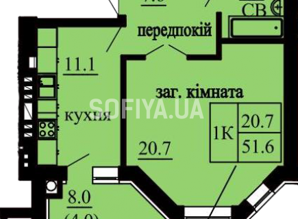 Однокомнатная квартира 51.6 м/кв - ЖК София