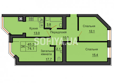 Трехкомнатная квартира 74,1 м/кв - ЖК София