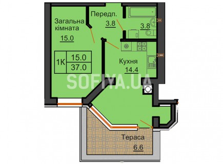 Однокомнатная квартира 37 м/кв - ЖК София