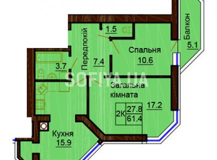 2-х комнатная квартира 61.4 м/кв - ЖК София