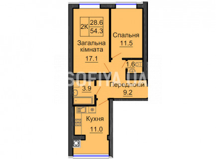 Двокімнатна квартира 54,3 кв.м - ЖК София
