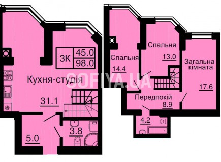 Двухуровневая квартира 98 м/кв - ЖК София