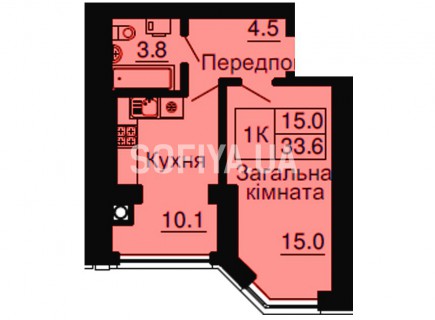 Однокомнатная квартира 33,6 м/кв - ЖК София