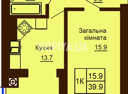Однокомнатная квартира 39.9 м/кв - ЖК София