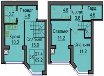 Двухуровневая квартира 69,2 м/кв - ЖК София