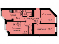 Трикімнатна квартира 74,1 кв.м - ЖК София