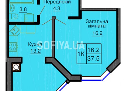 Однокомнатная квартира 37.5 м/кв - ЖК София