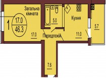 Однокомнатная квартира 46.3 м/кв - ЖК София