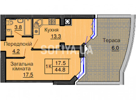 Однокімнатна квартира 44,8 м/кв - ЖК София