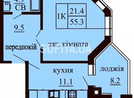 Однокомнатная квартира 55.3 м/кв - ЖК София