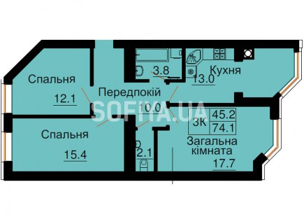 Трехкомнатная квартира 74,1 м/кв - ЖК София