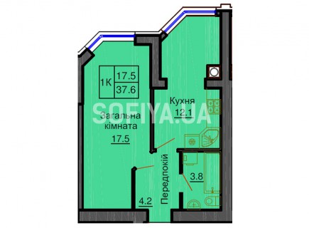 Однокомнатная квартира 37,6 м/кв - ЖК София