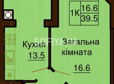 Однокомнатная квартира 39.5 м/кв - ЖК София