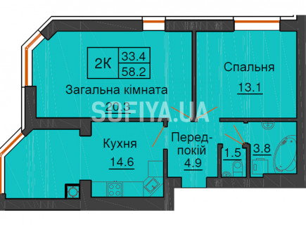 Двухкомнатная квартира 58,2 кв.м - ЖК София