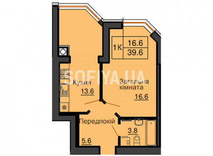 Однокімнатна квартира 39,6 м/кв - ЖК София