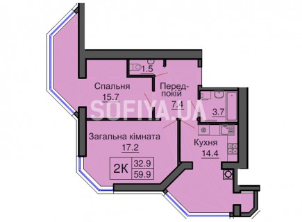 Двухкомнатная квартира 59,9  м/кв - ЖК София