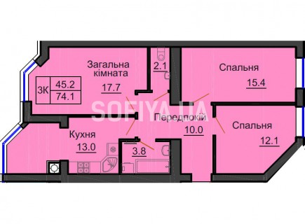 Трехкомнатная квартира 74,1 м/кв - ЖК София