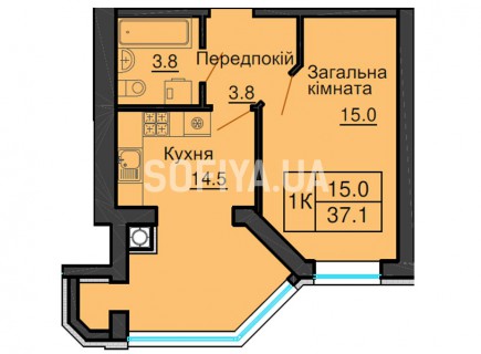 Однокомнатная квартира 37,1 м/кв - ЖК София