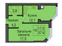 Однокомнатная квартира 37,6 м/кв - ЖК София