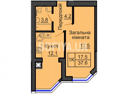 Однокомнатная квартира 37,6 м/кв - ЖК София