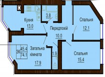 3-х комнатная квартира 74.1 м/кв - ЖК София