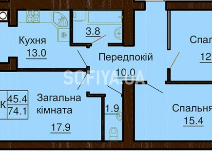 3-х комнатная квартира 74.1 м/кв - ЖК София