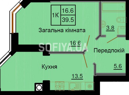 Однокомнатная квартира 39,5 м/кв - ЖК София