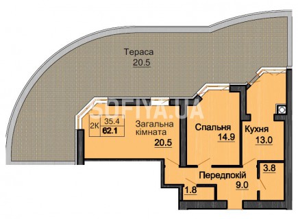 Двухкомнатная квартира 62,1 м/кв - ЖК София