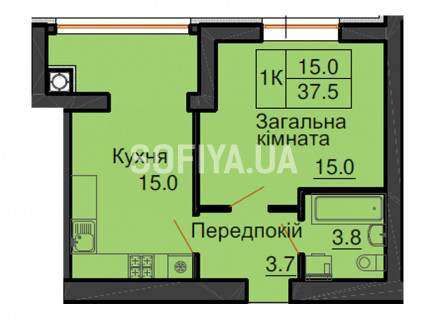 Однокомнатная квартира 37,5 м/кв - ЖК София