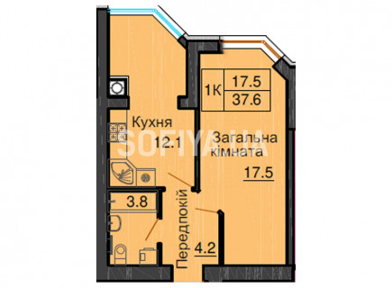 Однокімнатна квартира 37,6 м/кв - ЖК София