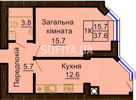 Однокомнатная квартира 37.6 м/кв - ЖК София