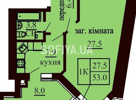 Однокомнатная квартира 53.6 м/кв - ЖК София