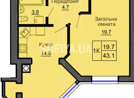 Однокомнатная квартира 43.1 м/кв - ЖК София