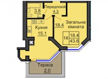 Однокомнатная квартира 43,6 м/кв - ЖК София