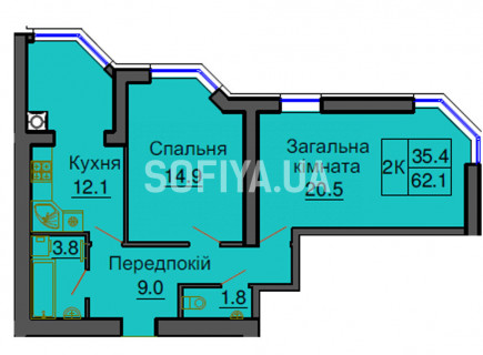 Двокімнатна квартира 62,1  кв.м - ЖК София