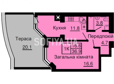 Однокомнатная квартира 36,9 м/кв - ЖК София