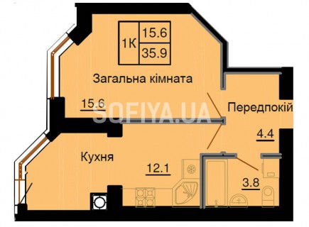 Однокомнатная квартира 35,9 м/кв - ЖК София