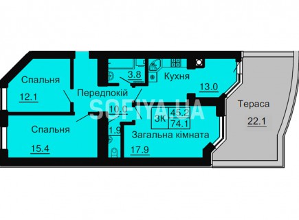 Трехкомнатная квартира 74,1 м/кв - ЖК София