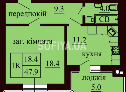 Однокомнатная квартира 47.9 м/кв - ЖК София